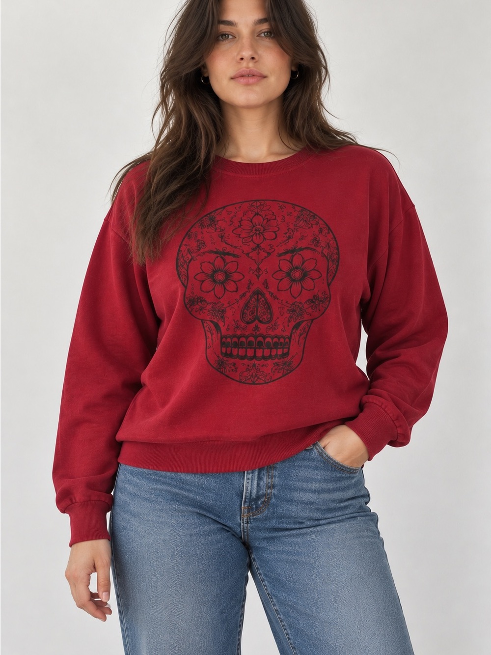 H&M Burgundy Crewneck Sweatshirt with Black Skull Motif ~ size Large